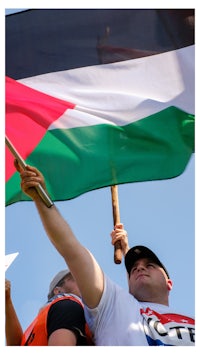 a man holding up a palestinian flag